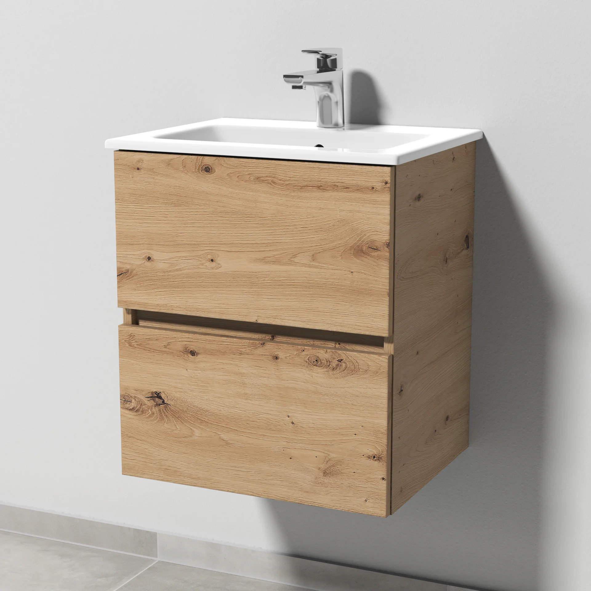 Sanipa Solo One Euphoria-Compact Set, Keramik-Waschtisch mit Unterbau, Weiße-Alpin, 545x475x388 mm, 1-Loch-Armaturbohrung, Überlaufloch, 2 Auszüge, durchgehende Griffmulde, Innenfarbe Grau-Matt