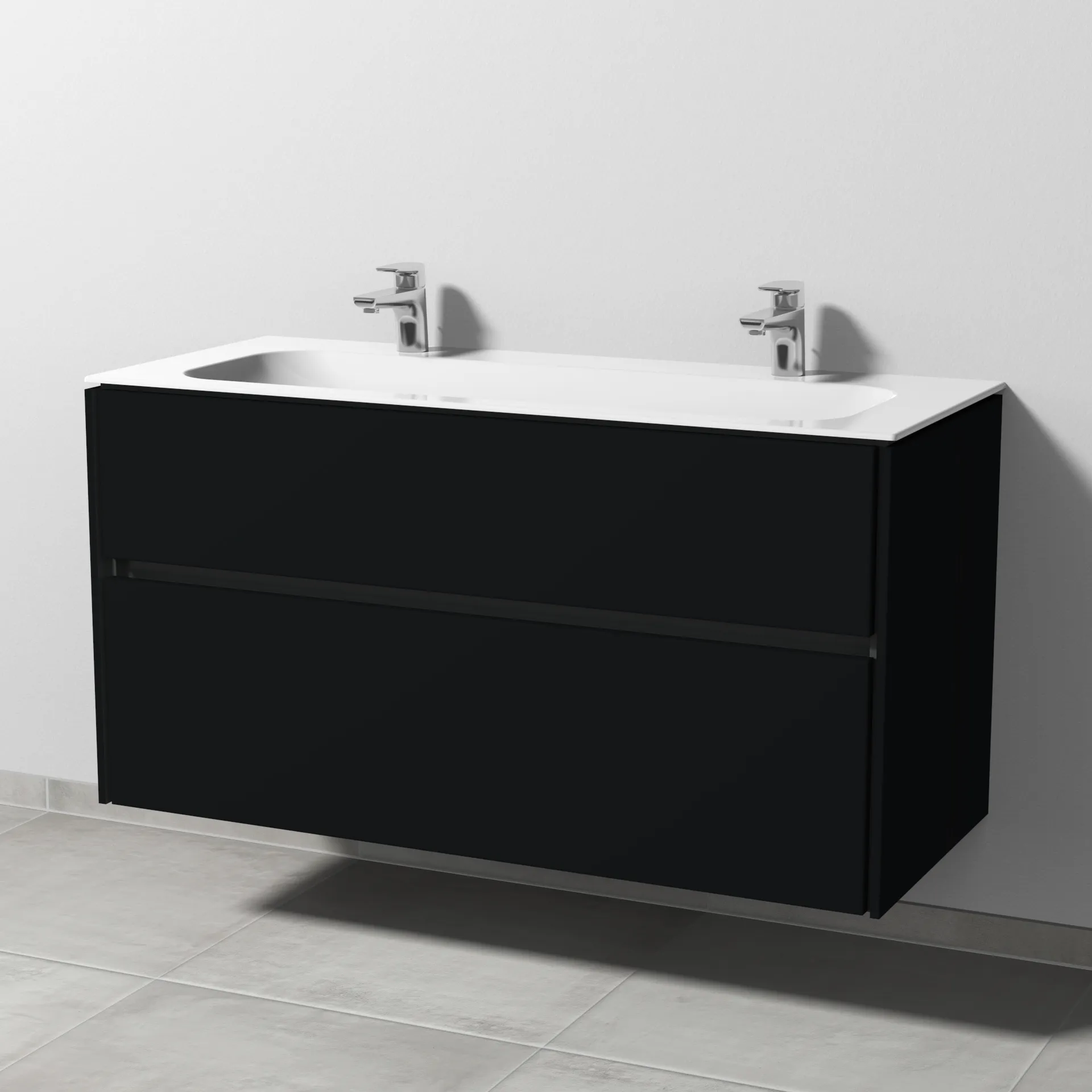 Keramik-Waschtisch-Set mit Waschtischunterschrank „Twiga“ 119 × 50 × 61 cm in Schwarz (matt), ohne Beleuchtung, mit Hahnlochbohrung Keramik-Waschtisch-Set mit Waschtischunterschrank „Twiga“ 119 × 50 × 61 cm in Schwarz (matt), ohne Beleuchtung, mit Hahnlochbohrung