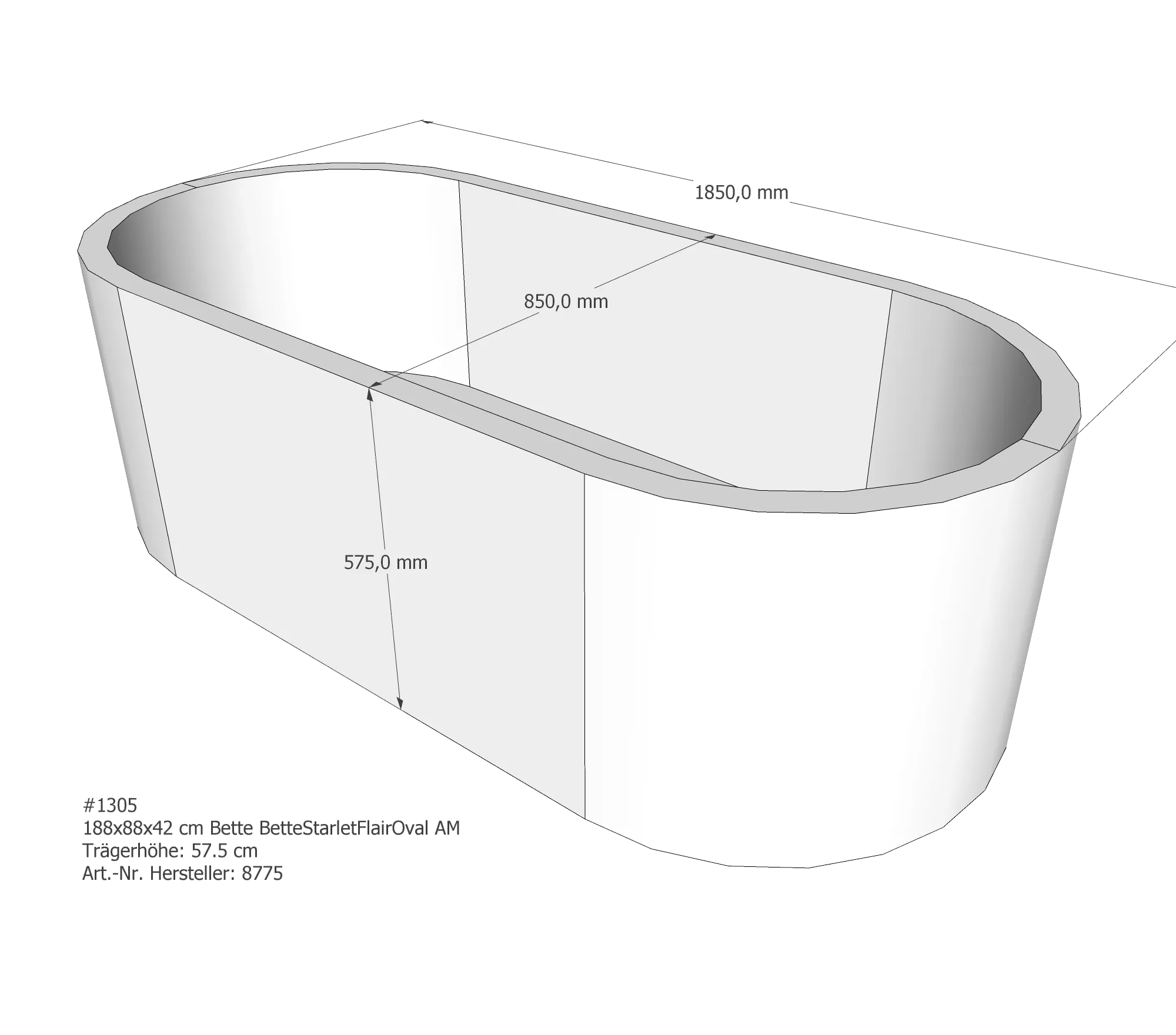 Badewannenträger für Bette StarletFlairOval 188 × 88 × 42 cm