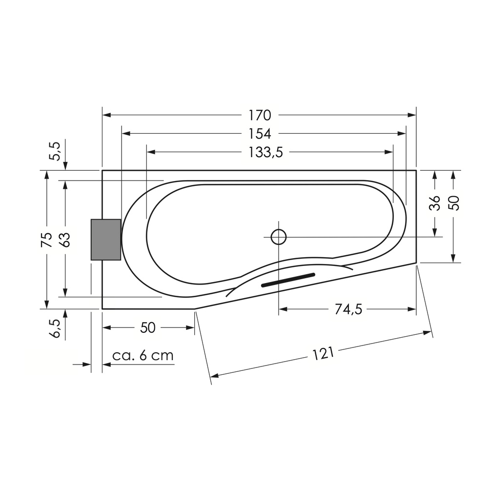 repaBAD Badewanne „Tika“ trapez 1700 × 750 mm, Mittelablauf, rechts in Weiß Matt repaBAD Badewanne „Tika“ trapez 1700 × 750 mm, Mittelablauf, rechts in Weiß Matt