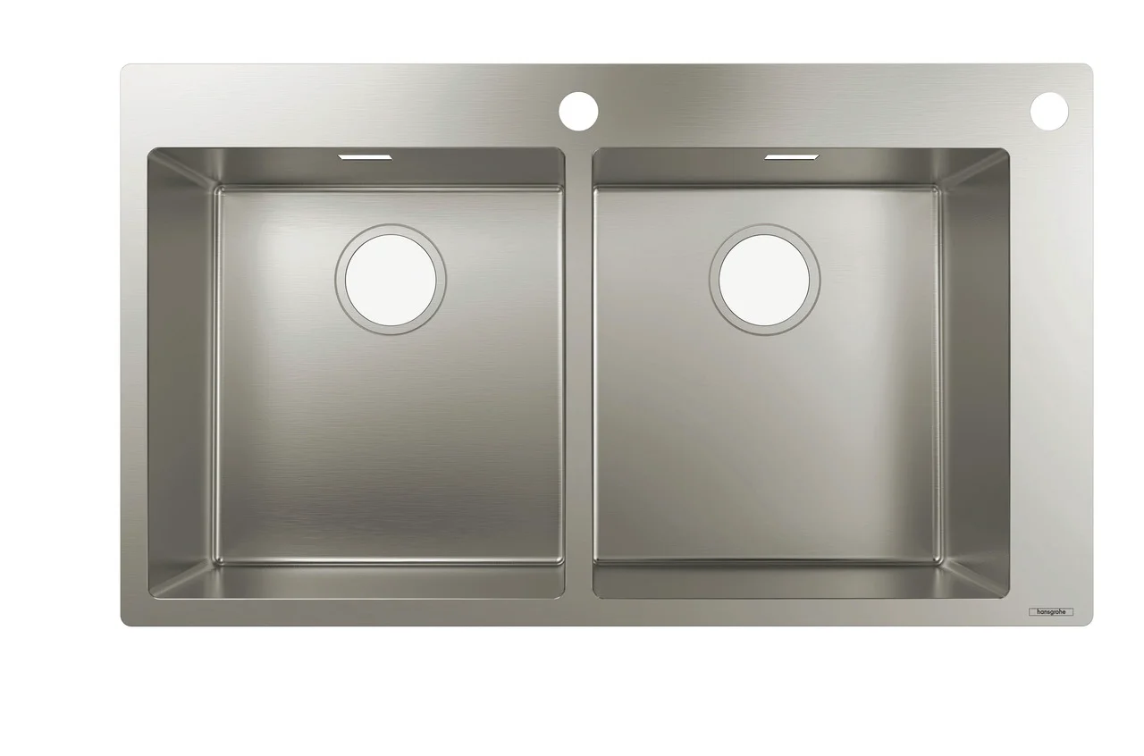 Hansgrohe Einbauspüle S71, Edelstahl, 370x370 mm, 845x480 mm Ausschnitt, 90 cm Unterschrank, flach aufliegend oder flächenbündig
