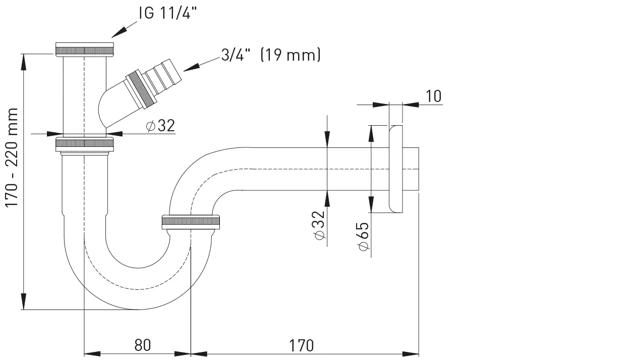 Röhrengeruchverschluss MS vc 1 1/4″ mit WAS-Anschluss 3/4″
