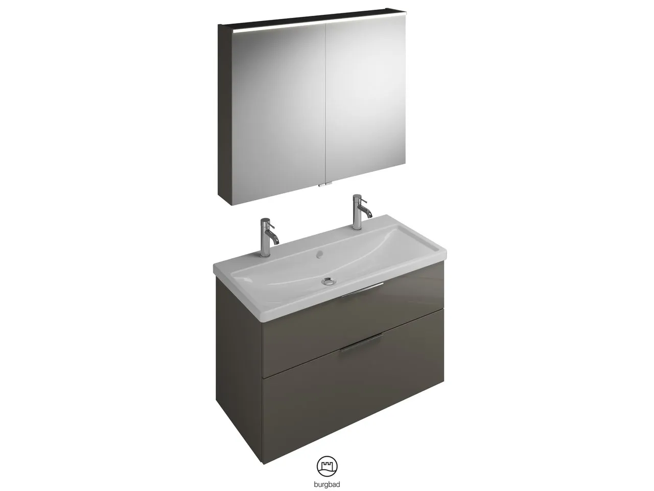 burgbad Badmöbelset Keramik-Waschtisch inkl. Waschtischunterschrank und Spiegelschrank „Eqio“ 103 cm Stangengriff, Schwarz Matt (140 / 397 mm), in Grau Hochglanz burgbad Badmöbelset Keramik-Waschtisch inkl. Waschtischunterschrank und Spiegelschrank „Eqio“ 103 cm Stangengriff, Schwarz Matt (140 / 397 mm), in Grau Hochglanz