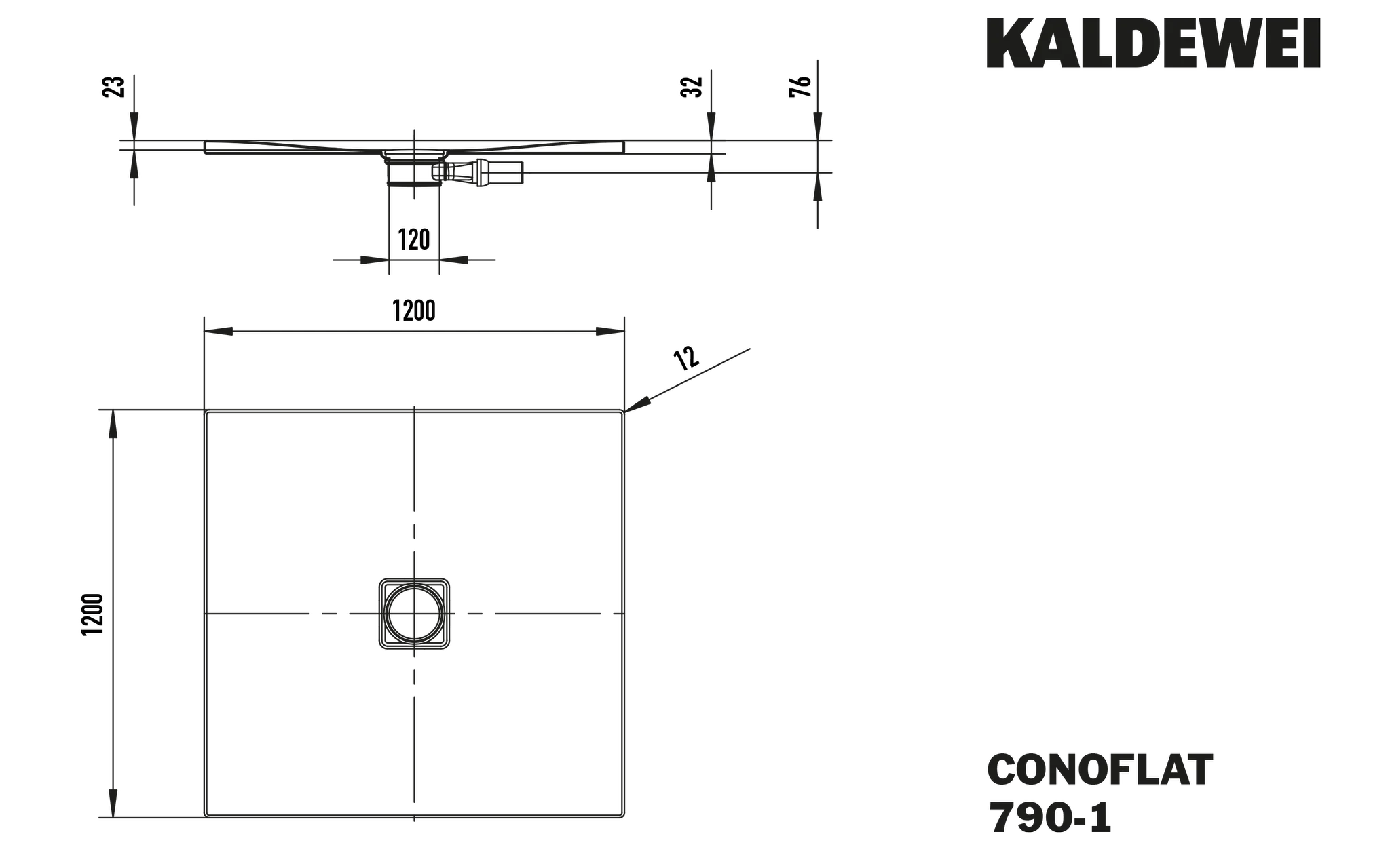 Kaldewei CONOFLAT Duschfläche, alpinweiß, quadratisch 1200x1200 mm, bodengleich, 32 mm Randhöhe, 23 mm Tiefe