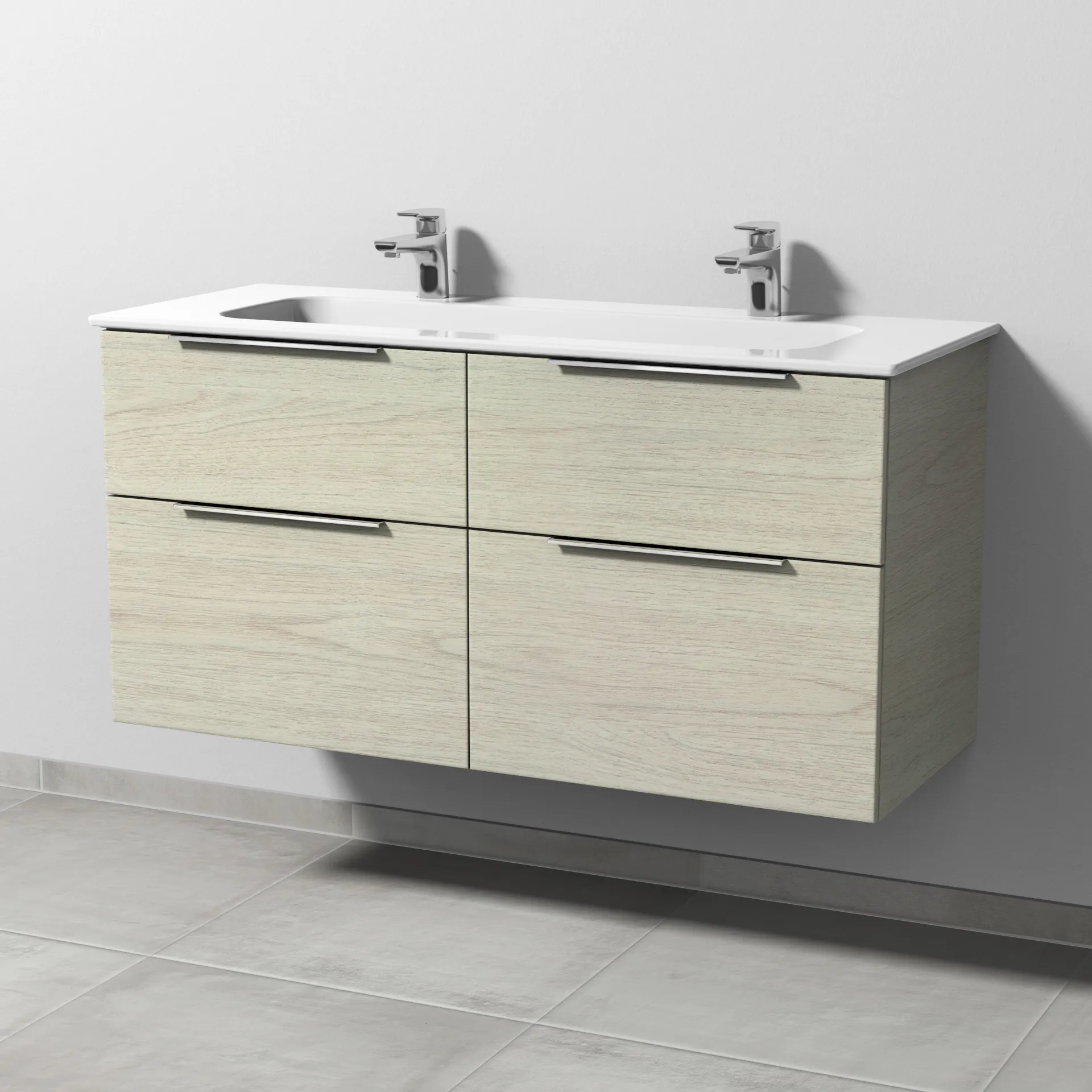 Keramik-Waschtisch-Set mit Waschtischunterschrank „3way“ 117 × 46 × 58,2 cm in White Oak, mit Hahnlochbohrung, Becken mittig Keramik-Waschtisch-Set mit Waschtischunterschrank „3way“ 117 × 46 × 58,2 cm in White Oak, mit Hahnlochbohrung, Becken mittig