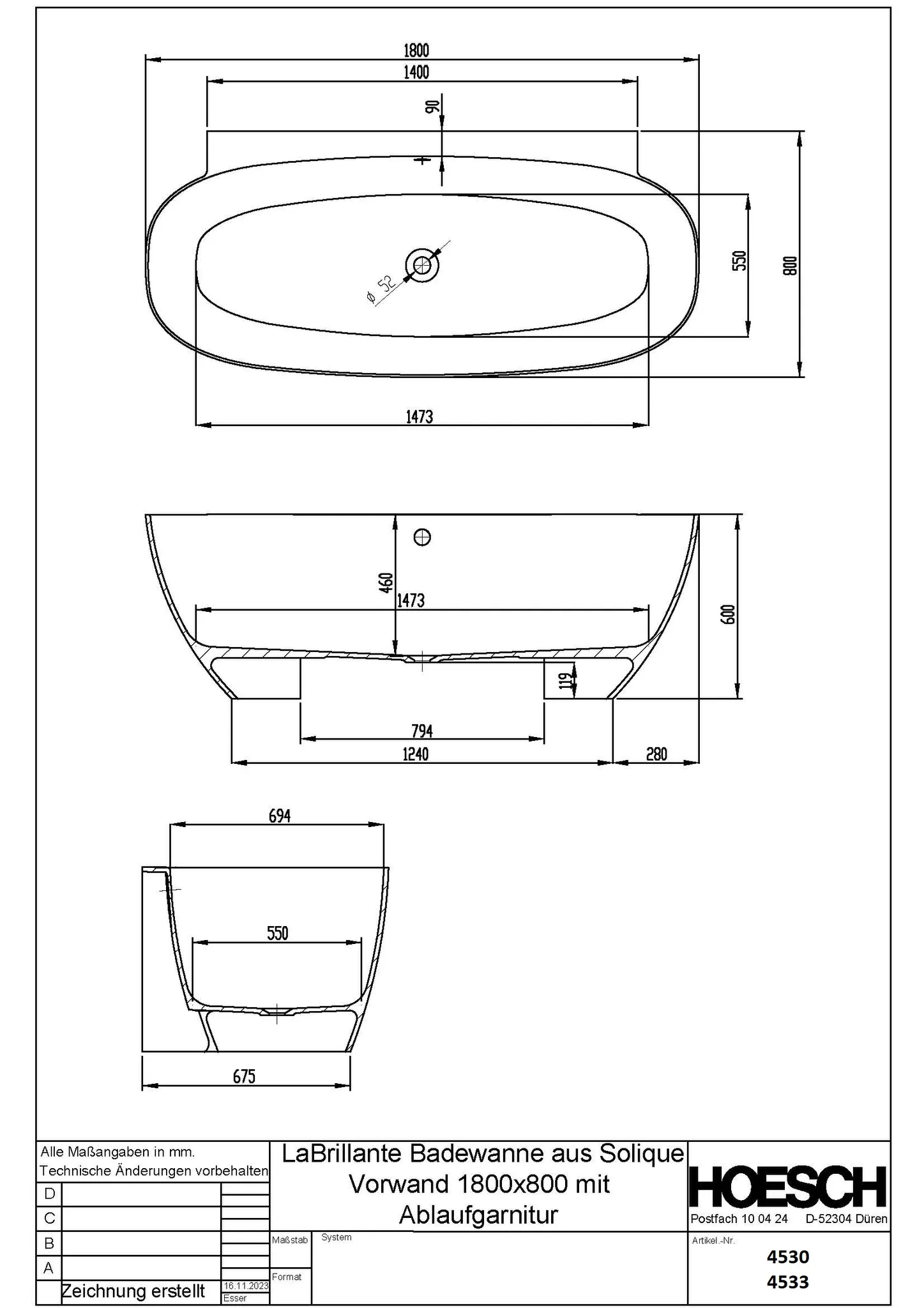 Hoesch LaBrillante Badewanne 1800x800 Vorwand Weiß Matt mit Überlaufbefüllung