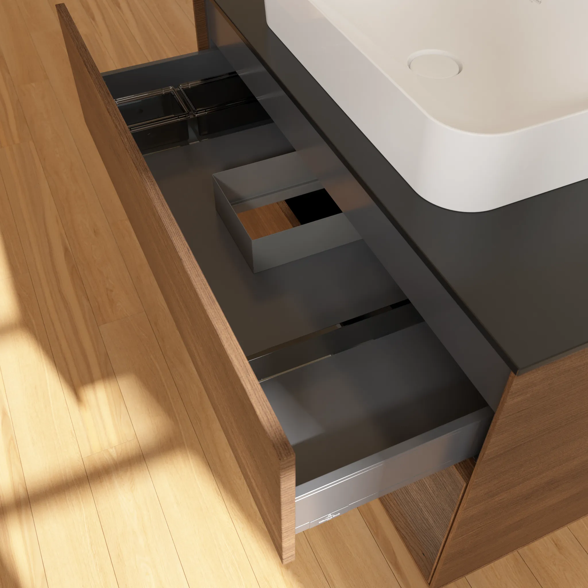 Villeroy & Boch Waschtischunterschrank „Finion“ für Schrankwaschtisch 1000 × 603 × 501 mm Walnut Veneer, mit Hahnlochbohrung, für Becken mittig