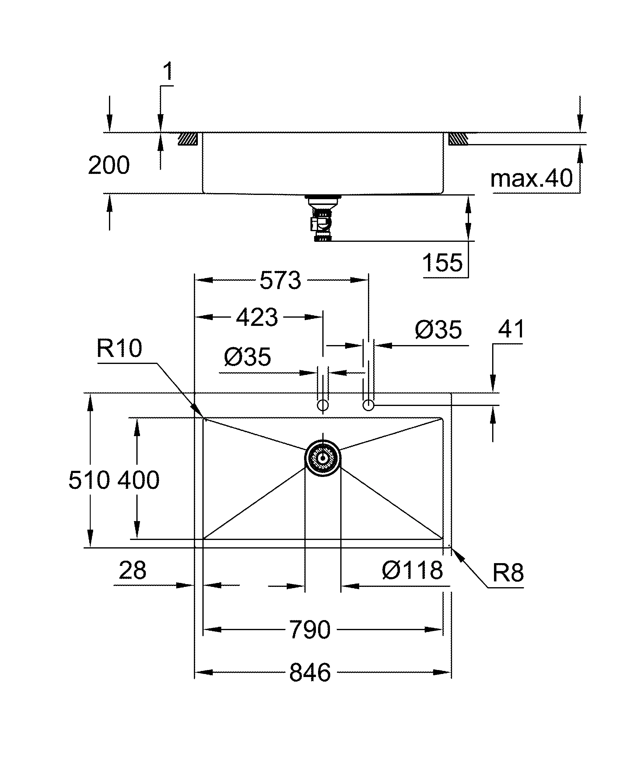 Edelstahlspüle K800 31584_1, Modell: K800 90-S 84,6/51 1.0, Montageart: aufliegend oder flächenbündig, Maße: 846 x 510 mm, 1 Becken: 790 x 400 x 200 mm, edelstahl