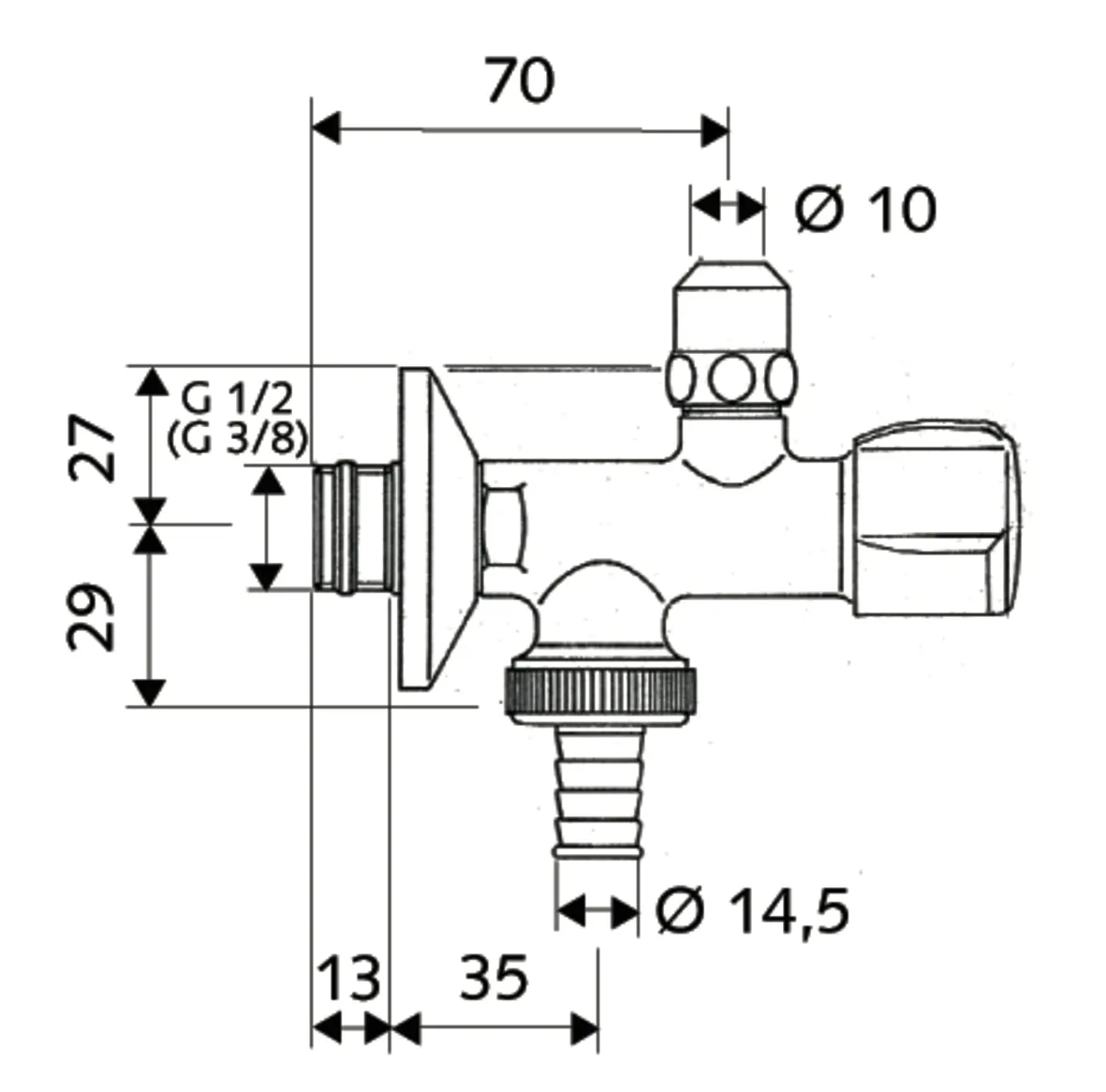 Doppelanschluss-Eckventil COMFORT, RFV, 2x G 3/8 AG, Schlauchverschraubung Ø 14,5 mm (DN 20 G 3/4 AG), DN 10 G 3/8 AG, chrom