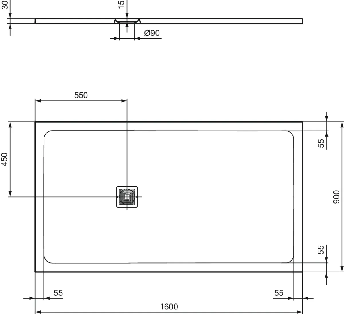 Ideal Standard Duschwanne „UltraFlatS+“ 90 × 160 cm in Schiefer