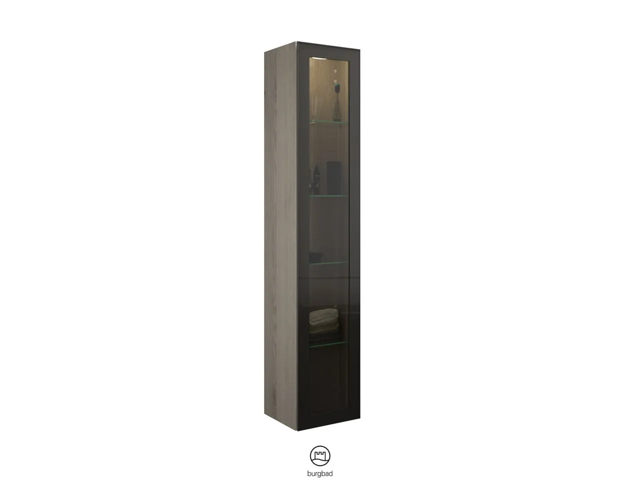 Hochschrank, 1 Alurahmentür mit Rauchglaseinsatz in Bronze;4 Glaseinlegeböden;LED-Innenbeleuchtung, 5 W, 4000 K;Energieeffizienzklasse F;für Raumschaltung;IP20, Tiefe: 320 mm, Breite: 350 mm, Höhe: 1760 mm