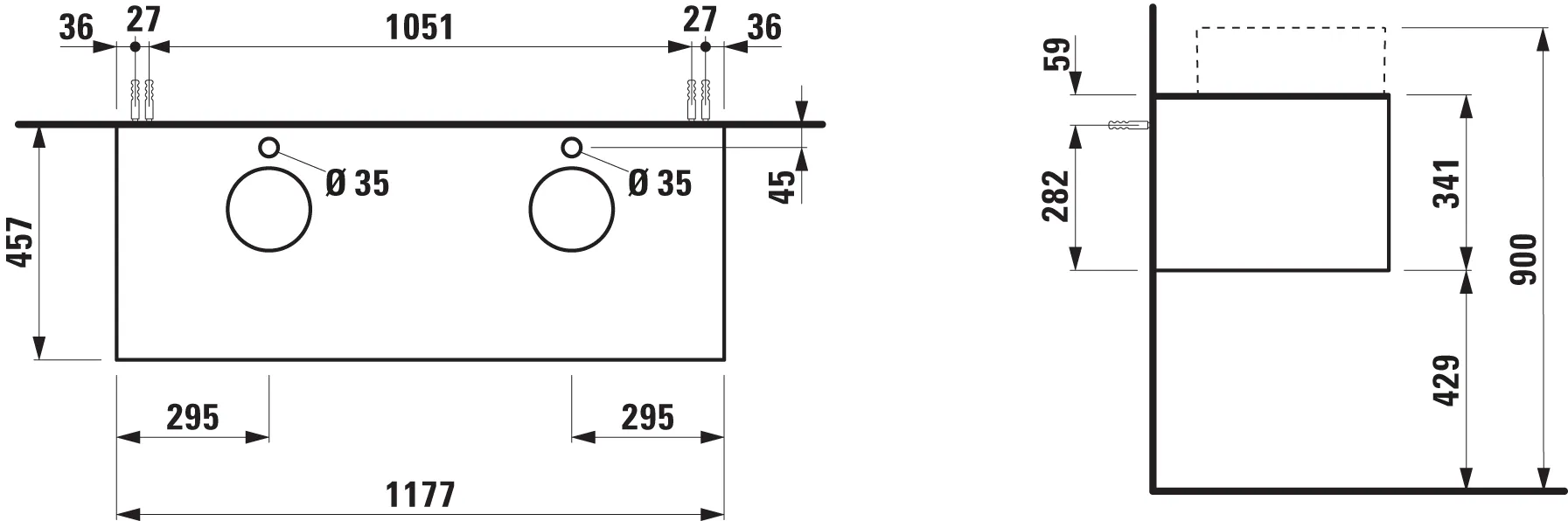 Laufen Waschtischunterbau „SONAR“ 1177 × 341 × 457 mm Gold, ohne Hahnlochbohrung, links und rechts