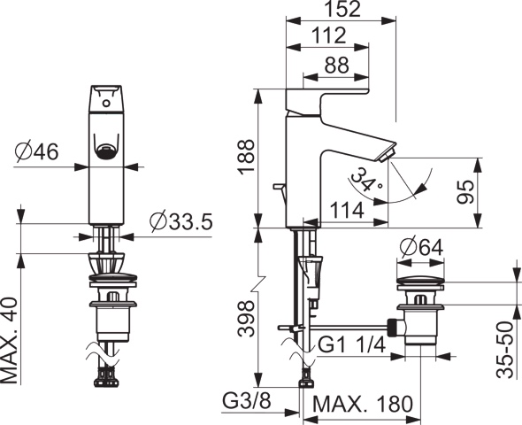 EHM Waschtischbatterie VANTIS XL 5256 Ablaufgarnitur mit Zugstange Ausladung 114 mm Chrom