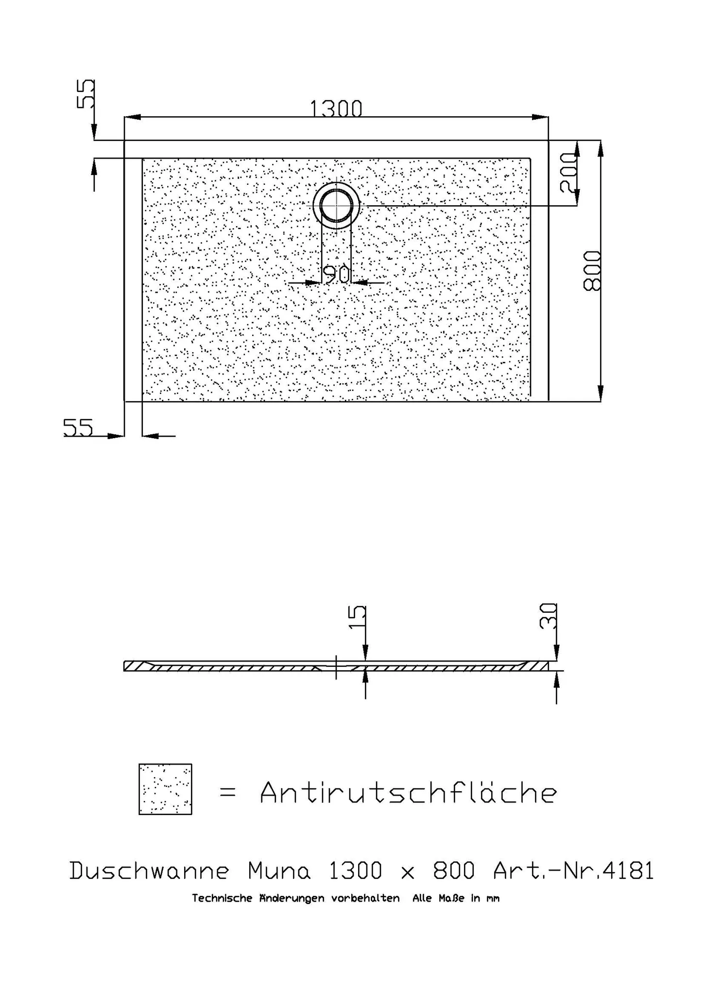 Duschwanne „Muna“ Rechteck 130 × 80 cm in Weiß mit Antirutsch