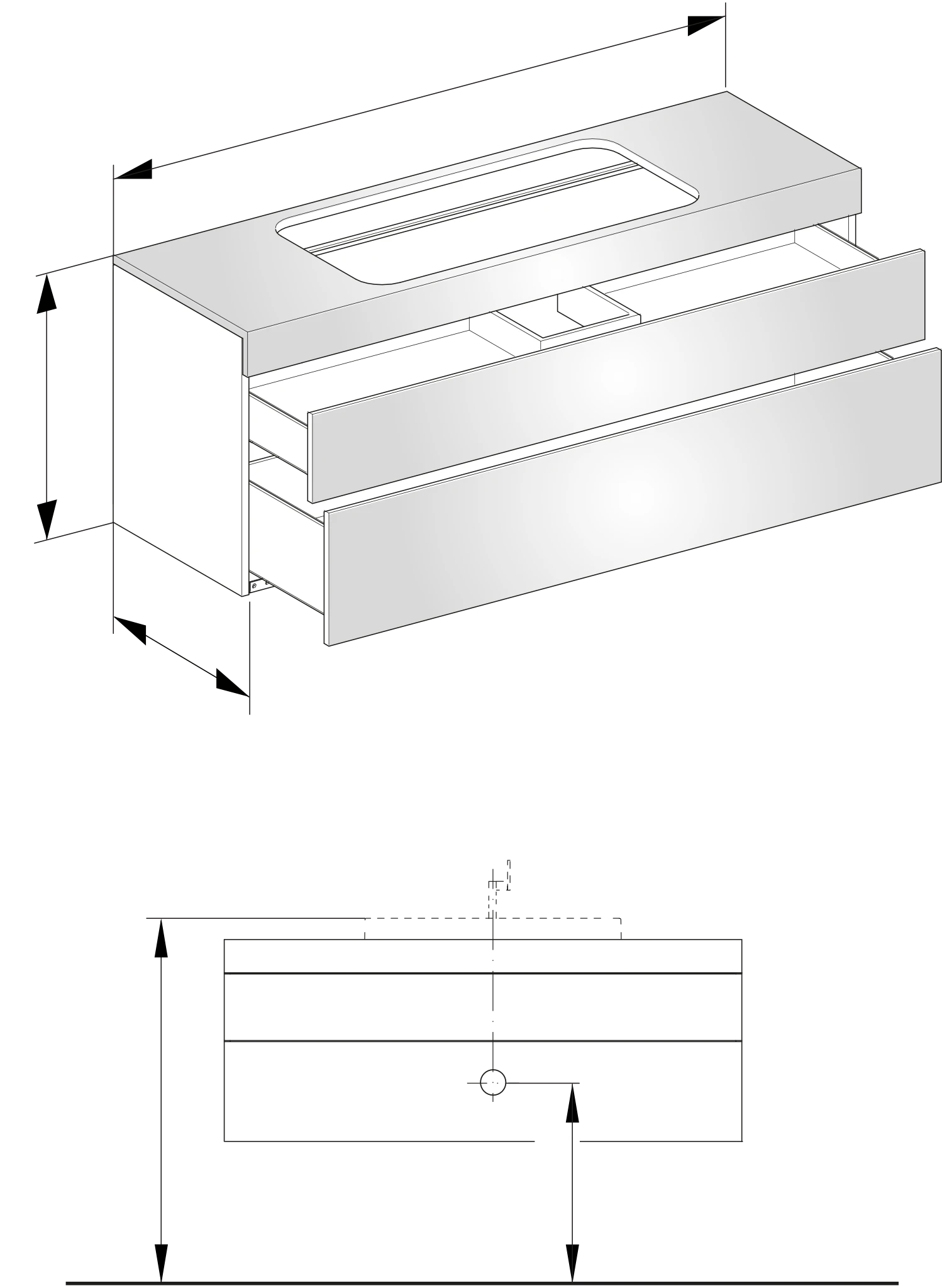 Edition 400 Waschtischunterbau o. Hahnlochbohrung, 2 Auszüge 1400 x 546 x 535 mm weiß/Glas trüffel satiniert Waschtischunterbau Edition 400 31583, 2 Auszüge, weiß/Glas trüffel sat.