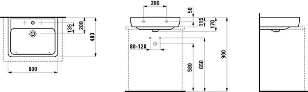 Aufsatzwaschtisch PRO A 480x600x170 1 Hahnloch mit Überlauf weiß