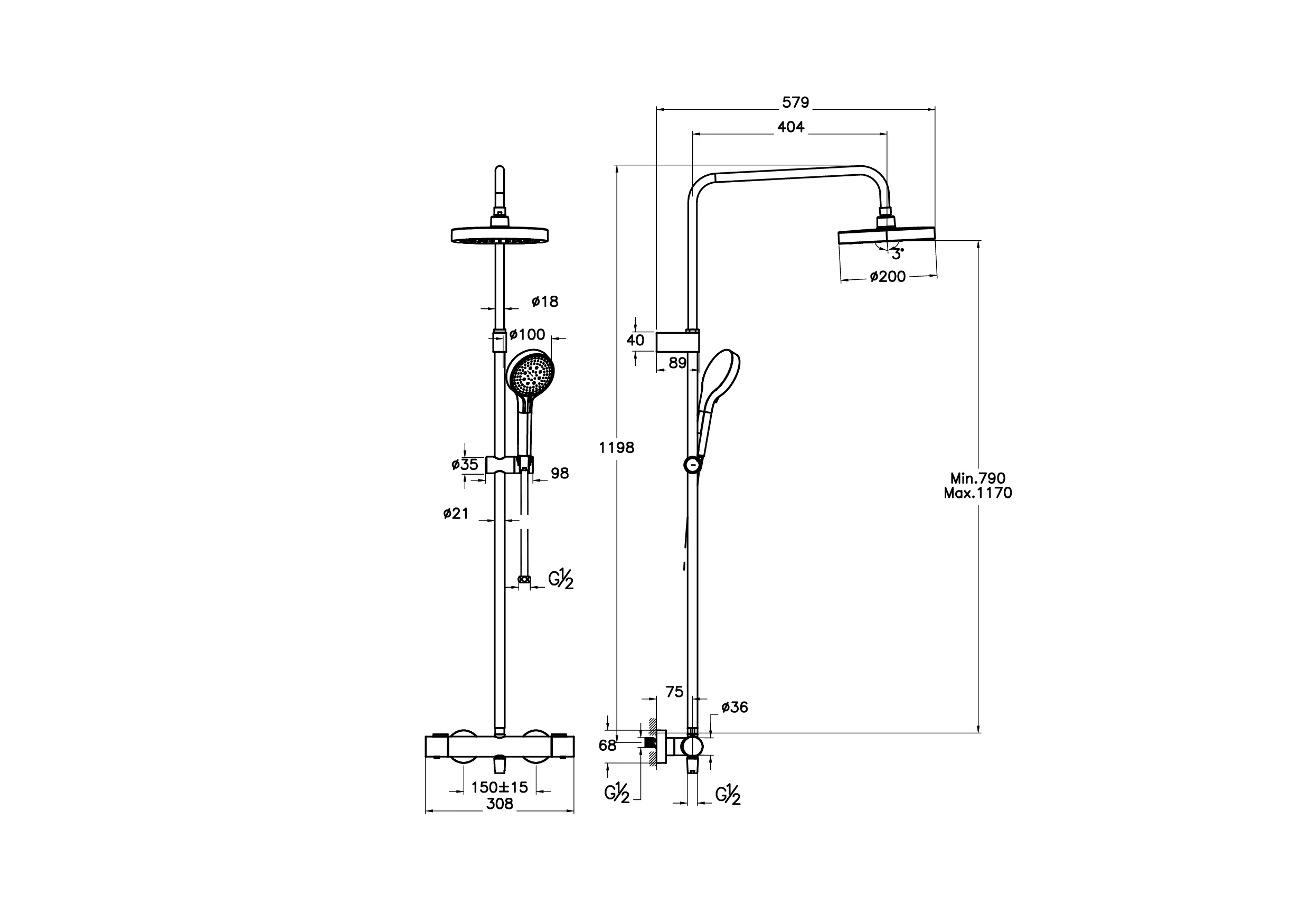 Base Round Thermostat-Duschsystem mit Kopf- und Handbrause Wandmontage Chrom