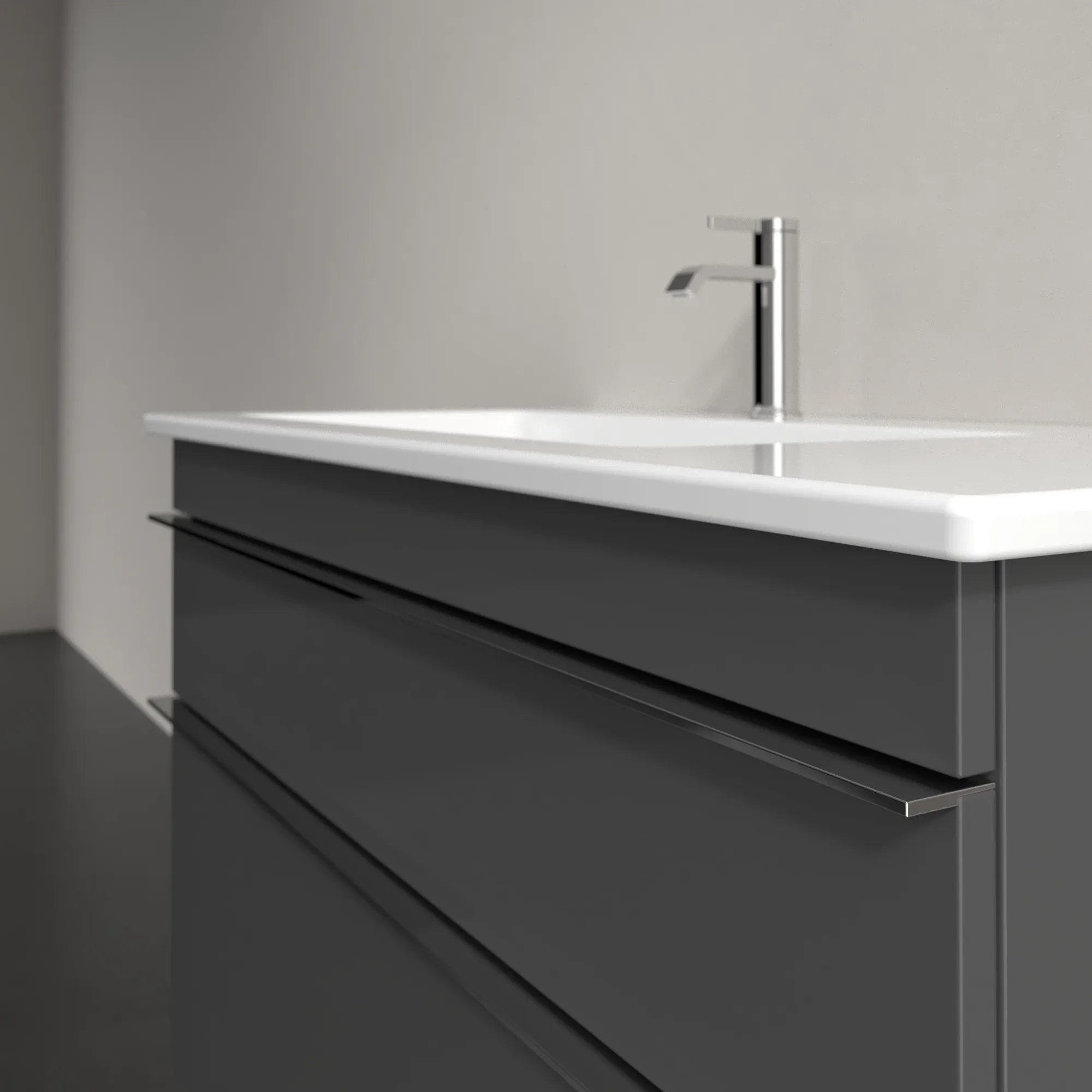 Villeroy & Boch Waschtischunterschrank „Venticello“ für Schrankwaschtisch 953 × 590 × 502 mm Glossy Grey, für Becken links Villeroy & Boch Waschtischunterschrank „Venticello“ für Schrankwaschtisch 953 × 590 × 502 mm Glossy Grey, für Becken links