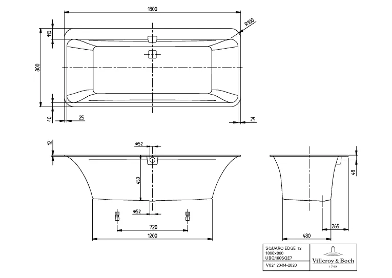 Villeroy & Boch Badewanne „Squaro Edge 12“ oval 180 × 80 cm, Mittelablauf