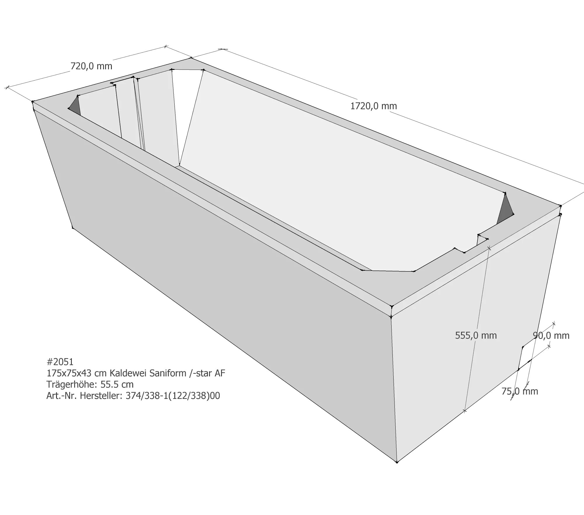 Badewannenträger für Kaldewei Saniform 175 × 75 × 43 cm