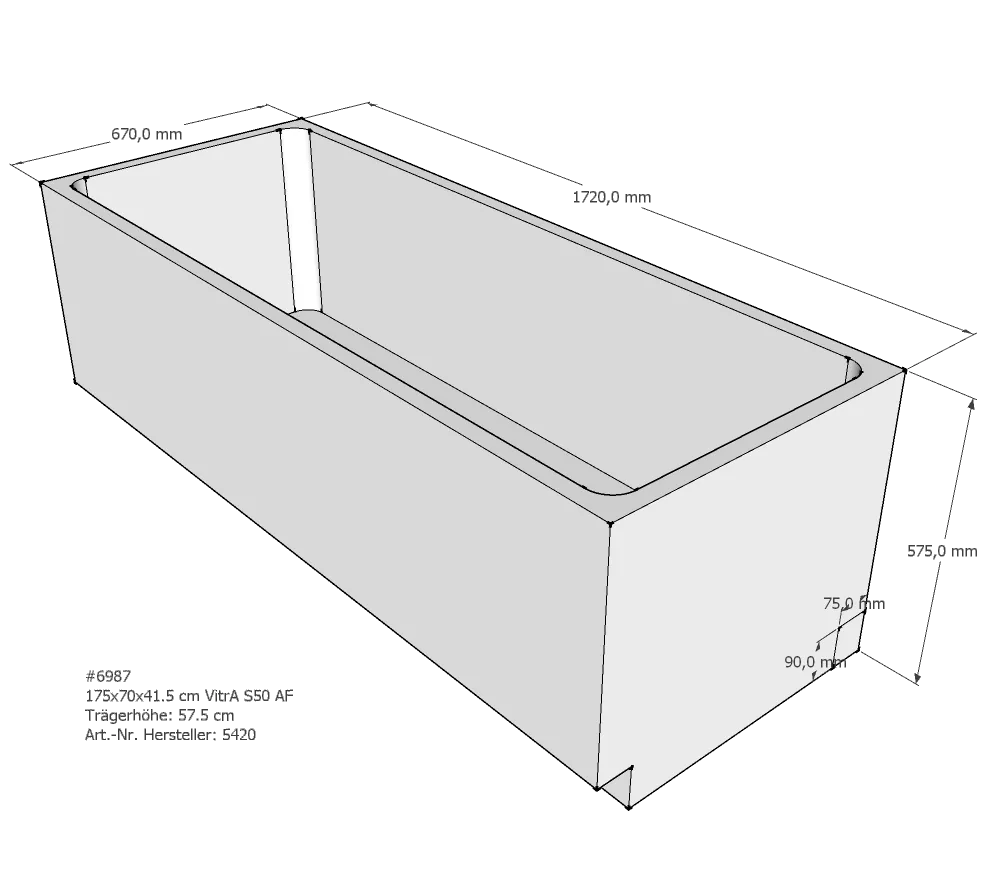 Badewannenträger passend für VitrA Integra 175 × 70 × 43,5 cm