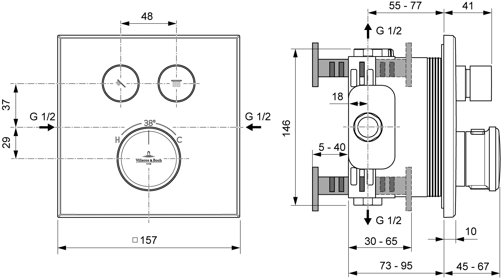 Villeroy & Boch Unterputz-Thermostat Vea, Matt Black, 157x45x157 mm, Zweiwege-Mengenregulierung mit ViPush-Technologie