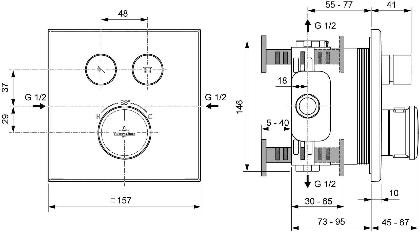 Villeroy & Boch Unterputz-Thermostat Vea, Matt Black, 157x45x157 mm, Zweiwege-Mengenregulierung mit ViPush-Technologie Villeroy & Boch Unterputz-Thermostat Vea, Matt Black, 157x45x157 mm, Zweiwege-Mengenregulierung mit ViPush-Technologie
