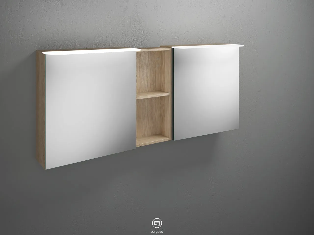 Badu Spiegelschrank SFTY150 von burgbad – 310 mm tief, 1.500 mm breit, 665 mm hoch, beidseitig verspiegelt mit LED-Aufsatzleuchten und Regal