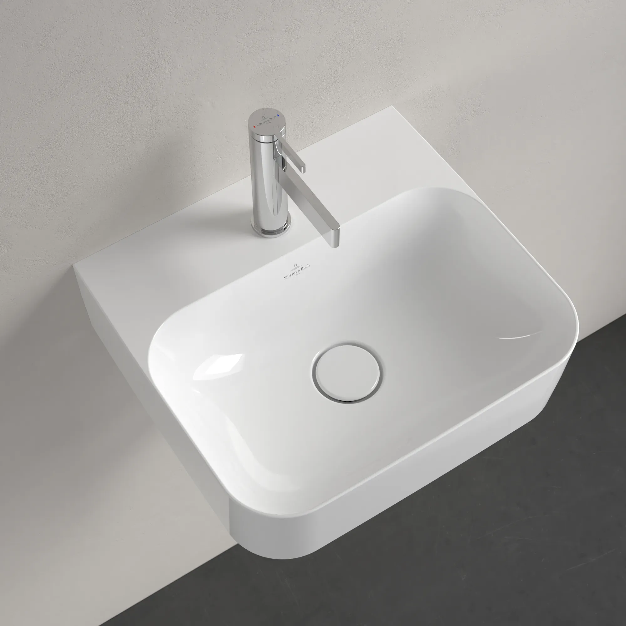 Villeroy & Boch Handwaschbecken aus TitanCeram „Finion“ 430 × 390 × 140 mm, mit Hahnlochbohrung, Hahnlochposition mittig in Weiß Alpin, mit CeramicPlus Villeroy & Boch Handwaschbecken aus TitanCeram „Finion“ 430 × 390 × 140 mm, mit Hahnlochbohrung, Hahnlochposition mittig in Weiß Alpin, mit CeramicPlus