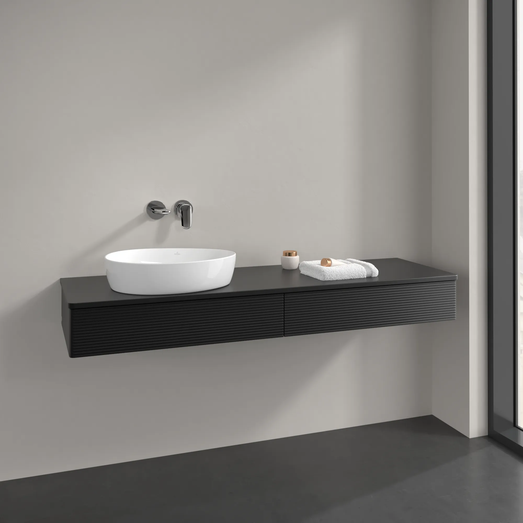 Villeroy & Boch Waschtischunterschrank „Antao“ 1600 × 190 × 500 mm Black Matt Lacquer, für Becken links, mit Beleuchtung