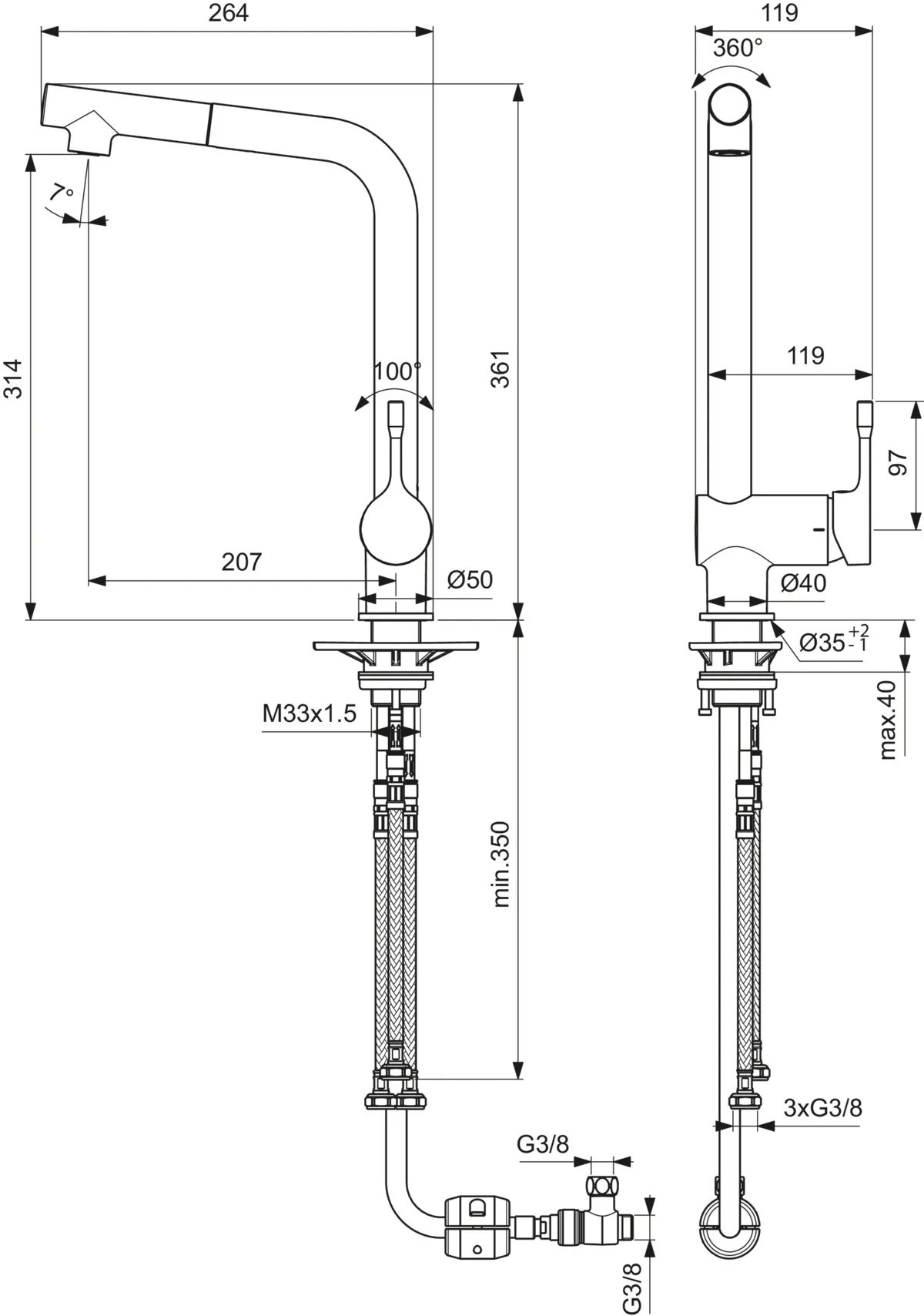 Küchenarmatur Ceralook, Niederdruck, mit herausziehbare Handbrause, mit hohem Auslauf, Ausladung 207mm, Chrom