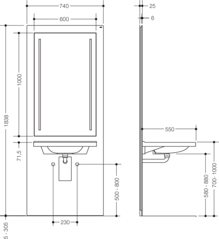 Waschtisch-Modul „S 50“ Set 74 × 183,8 cm