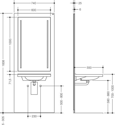 HEWI Waschtisch-Modul S 50, Höhenverstellbar, LED-Lichtspiegel, Weiß HEWI Waschtisch-Modul S 50, Höhenverstellbar, LED-Lichtspiegel, Weiß