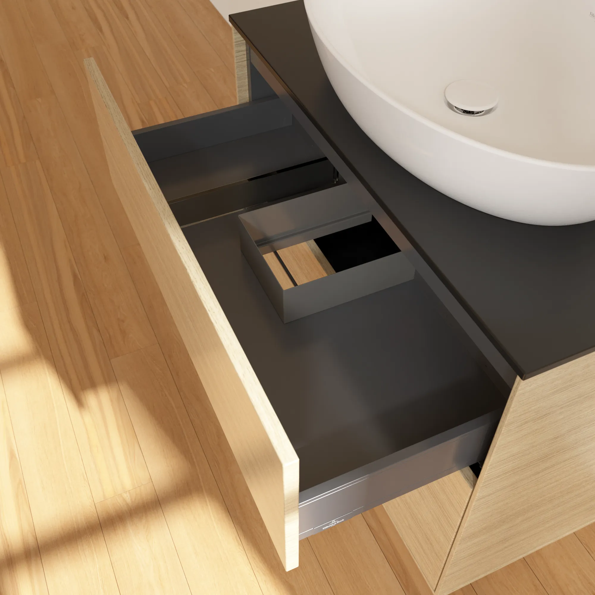 Villeroy & Boch Waschbeckenunterschrank Finion F87, Eckig Oak Veneer mit Glass Black Matt Abdeckplatte, 800x603x501mm, 48kg, Wandmontage, 2 Auszüge mit SoftClosing und Push-to-open Funktion