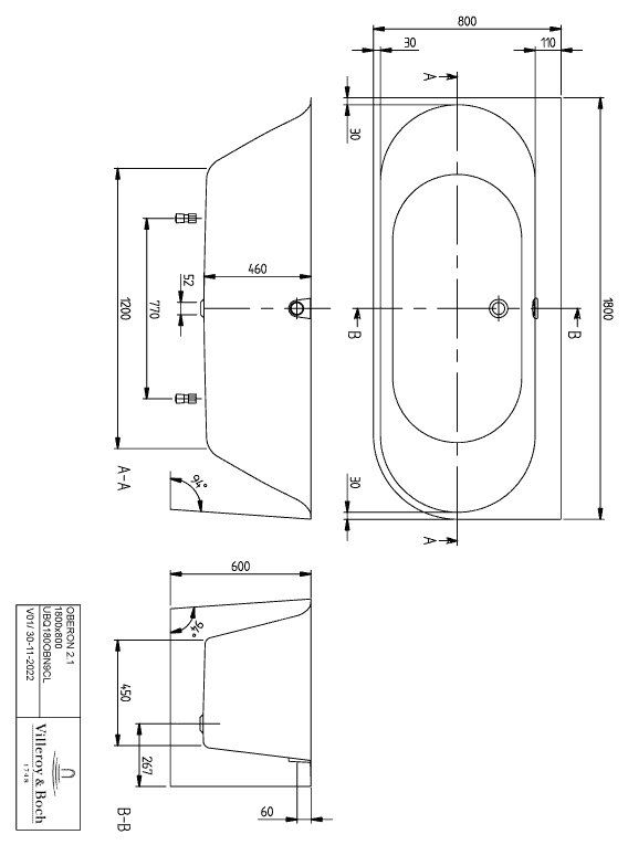 Villeroy & Boch Badewanne „Oberon 2.1“ linke Ausführung vorwand 180 × 80 cm, links 