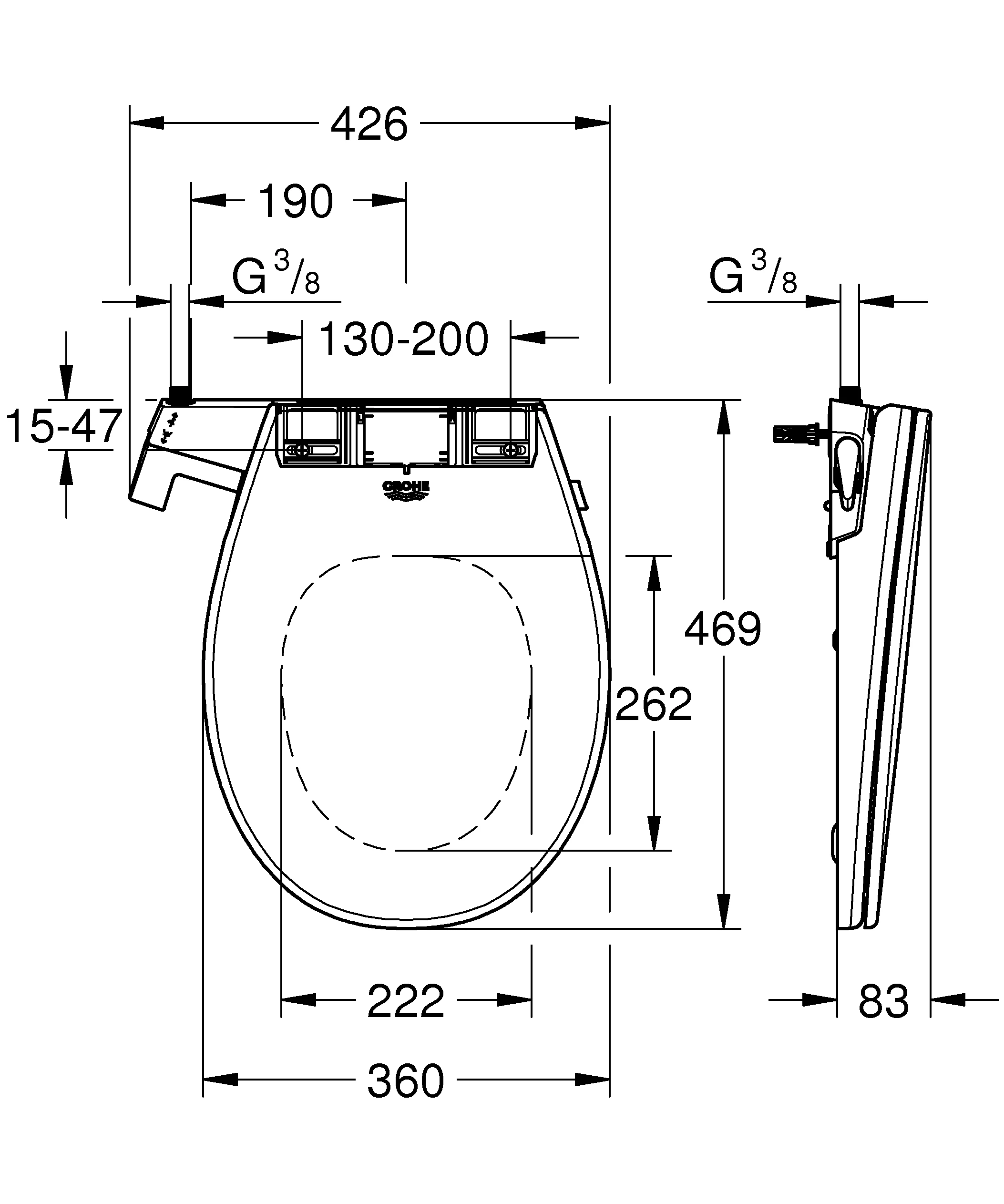 Dusch-WC-Aufsatz Bau Keramik 39648, Duroplast WC-Sitz und -Deckel mit Absenk-Automatik, 2 separate Duscharme für Anal- und Lady-Dusche, alpinweiß