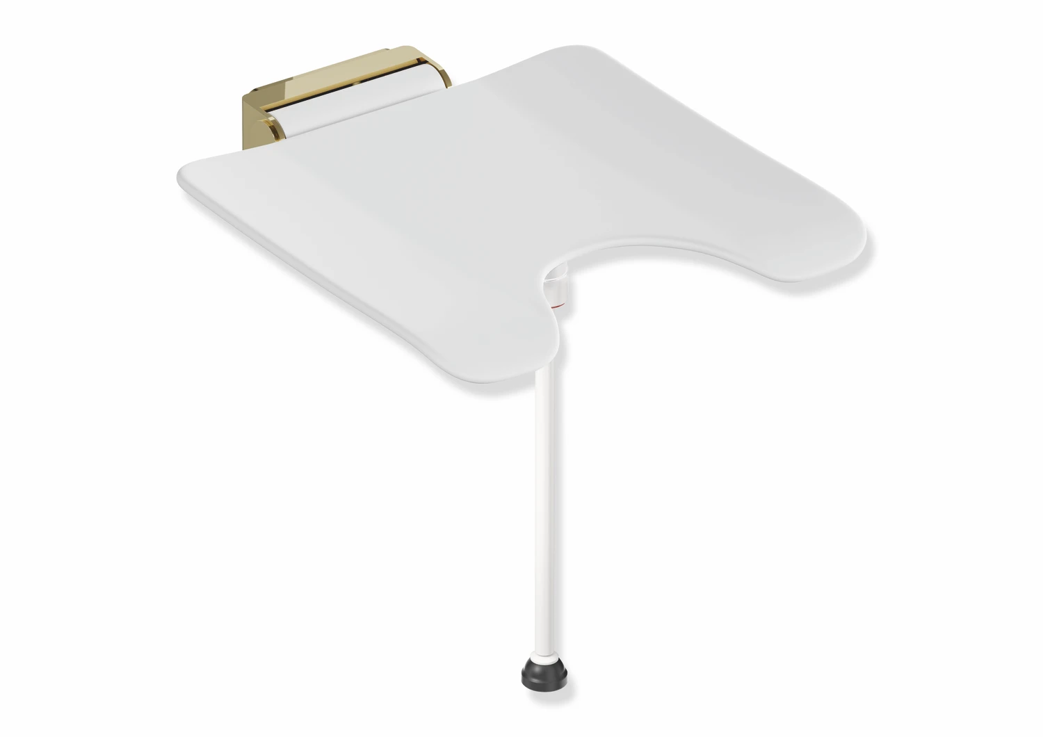 Klappsitz, System 900, Wandkonsole aus Edst., PVD, Sitzf. aus strukturiertem Kst. mit Hygieneausschnitt, weiß, Sitzf. 450 mm breit, 450 mm tief, mit Bodenstütze für Sitzhöhe 450-500 mm, PVD, in Farbe CK (Messing glänzend)