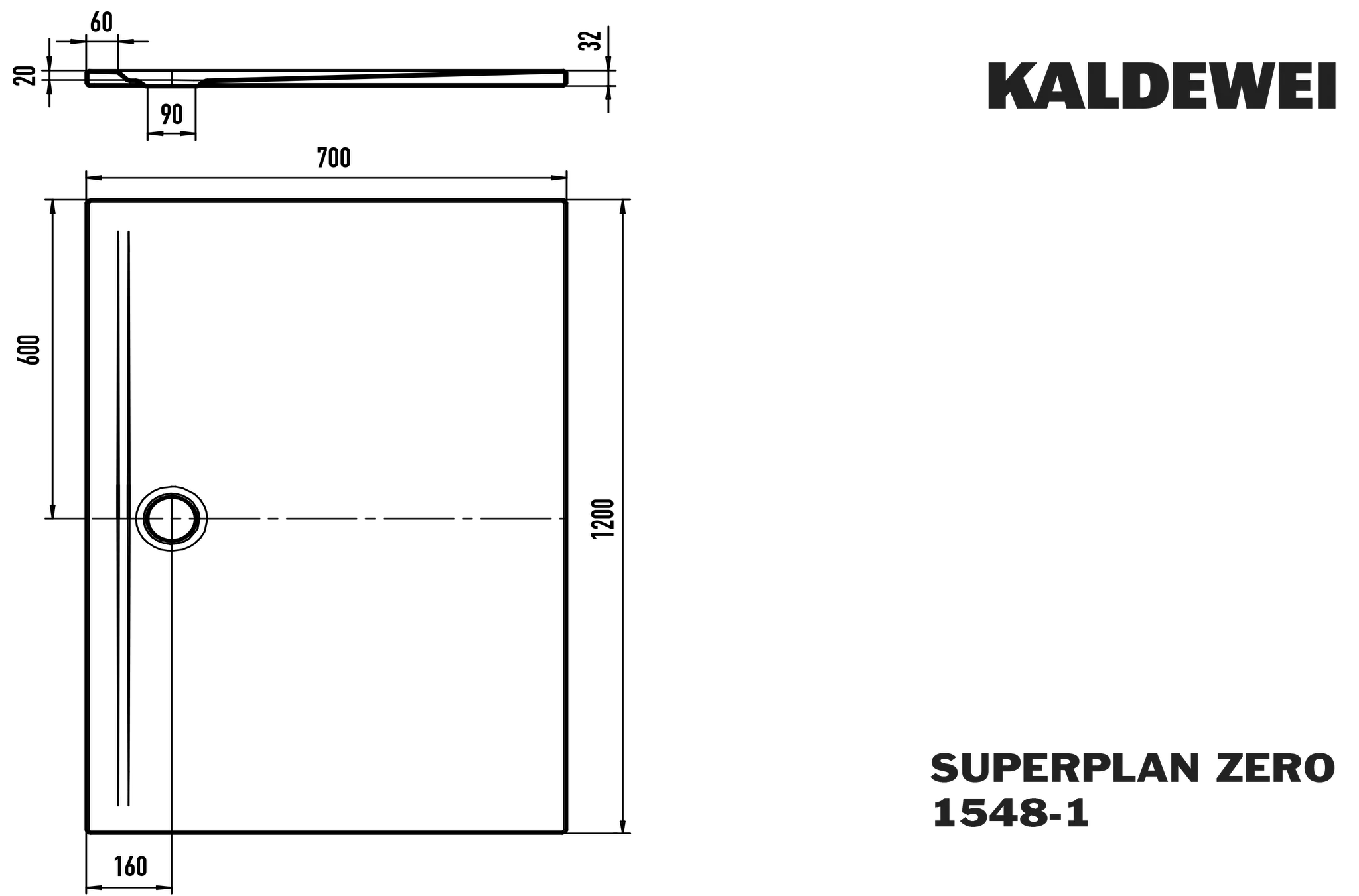 Kaldewei rechteck Duschwanne „Superplan Zero“ 70 × 120 cm ohne Oberflächenveredelung, in alpinweiß