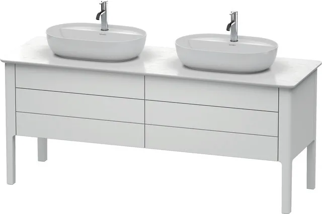 Duravit Waschtischunterschrank bodenstehend „Luv“ 173,3 × 74,3 × 57 cm Becken: links und rechts / Front- & Korpusfarbe: Weiß Seidenmatt / Größe: 173,3 × 57 × 74,3 cm / Schubladen: 4 Duravit Waschtischunterschrank bodenstehend „Luv“ 173,3 × 74,3 × 57 cm Becken: links und rechts / Front- & Korpusfarbe: Weiß Seidenmatt / Größe: 173,3 × 57 × 74,3 cm / Schubladen: 4