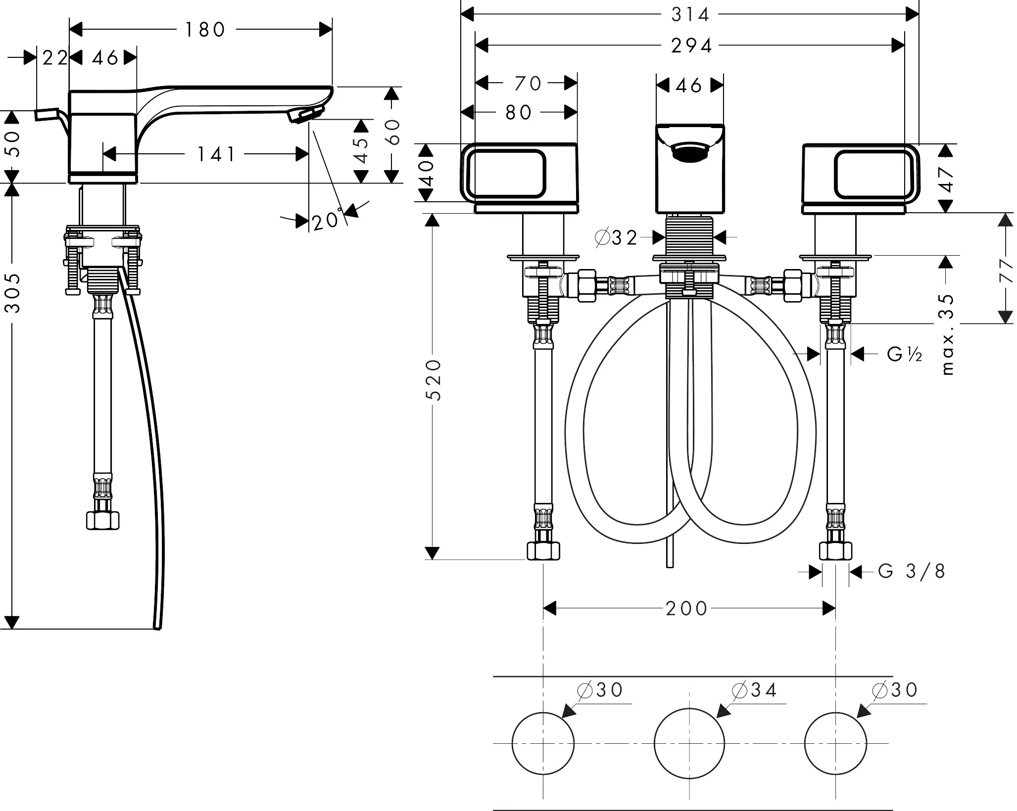 Hansgrohe AXOR Urquiola 3-Loch Waschtischarmatur Chrom, Ausladung 180 mm, ComfortZone 50, Bügelgriff, Normalstrahl, max. Durchfluss 5 l/min Hansgrohe AXOR Urquiola 3-Loch Waschtischarmatur Chrom, Ausladung 180 mm, ComfortZone 50, Bügelgriff, Normalstrahl, max. Durchfluss 5 l/min