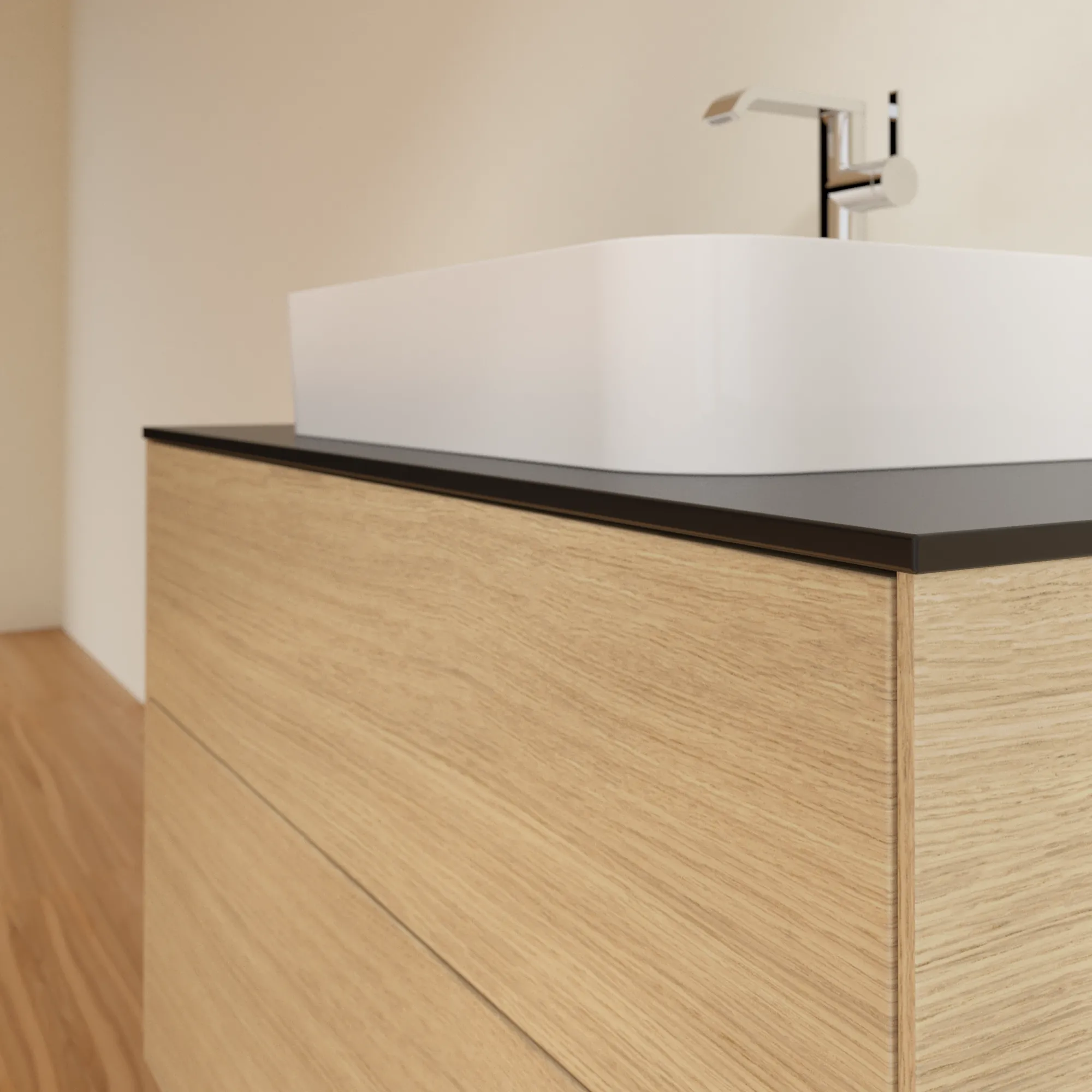 Villeroy & Boch Finion F35 Waschbeckenunterschrank, 1000 x 603 x 501 mm, Eckig, Oak Veneer / Glass Black Matt