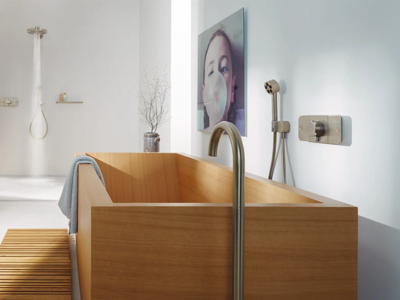 Hansgrohe AXOR Uno Wanneneinlauf gebogen bodenstehend Brushed Nickel Ausladung 226 mm freistehende Montage maximale Durchflussmenge 18 l/min Normalstrahl