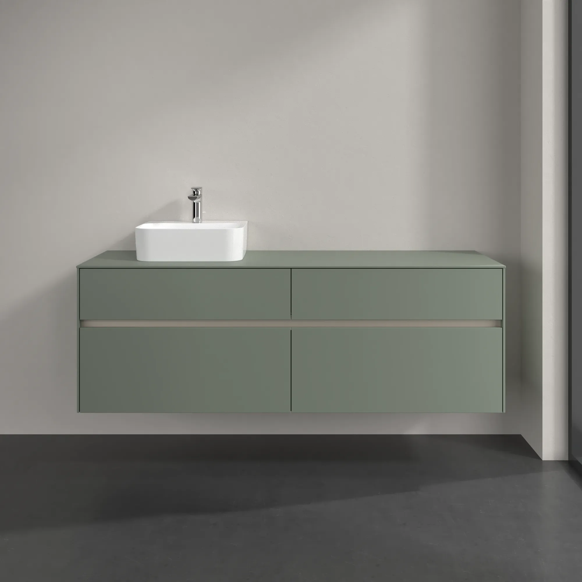 Villeroy & Boch Waschtischunterschrank „Collaro“ 1600 × 548 × 500 mm Soft Green, mit Beleuchtung, für Becken links Villeroy & Boch Waschtischunterschrank „Collaro“ 1600 × 548 × 500 mm Soft Green, mit Beleuchtung, für Becken links