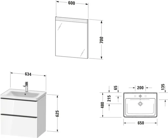 Duravit Waschtischunterschrank Möbelwaschtisch mit Waschtischunterbau und Spiegel „D-Neo“ 65 × 200 × 48 cm