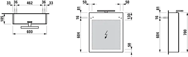 Spiegelschrank BASE mit LED-Licht Element horizonal mit Schalter mit Steckdose 185x600x700 1 Tür Scharnier links weiß matt