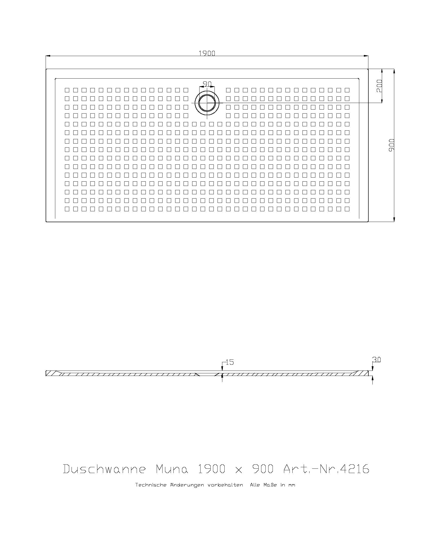 Duschwanne „Muna“ Rechteck 190 × 90 cm in Weiß