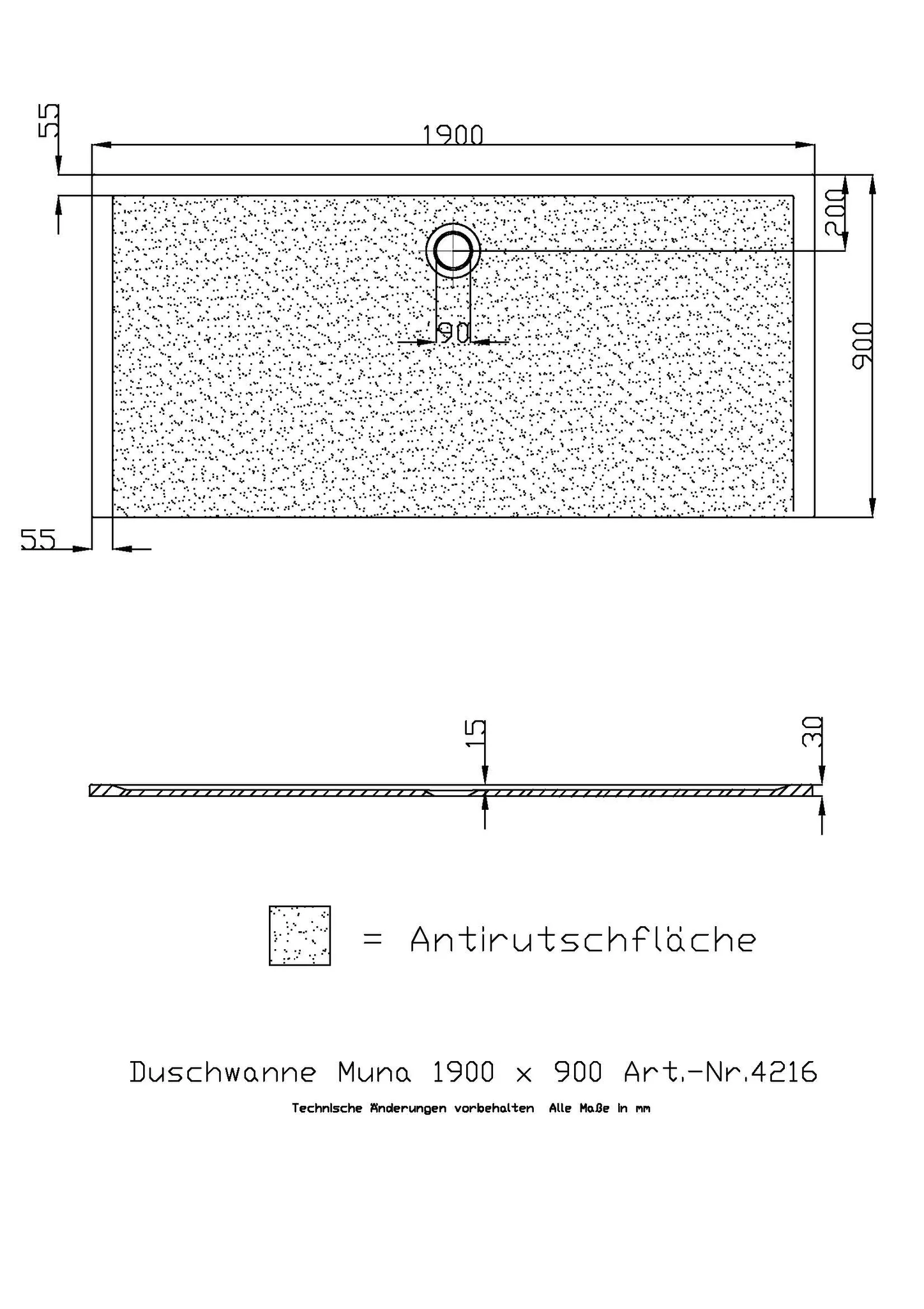 Hoesch Muna Duschwanne 1900x900x30, Mineralguss Solique, Weiß