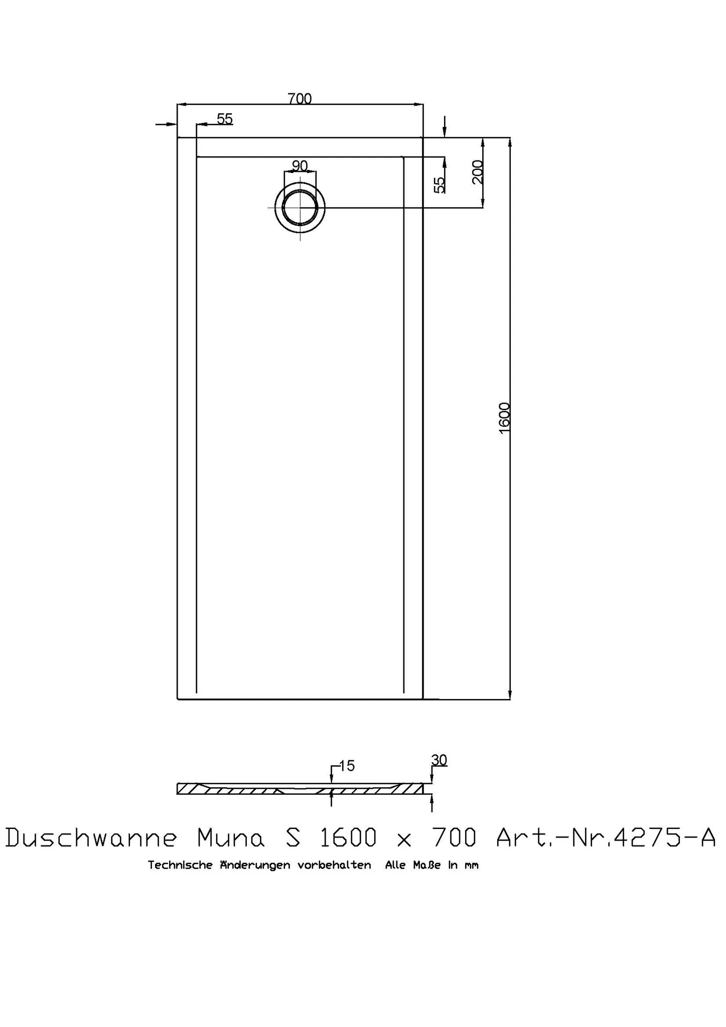 Duschwanne „Muna S“ Rechteck 160 × 70 cm in Steingrau