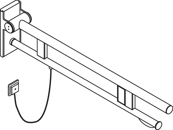 Stützklappgriff Duo, Design A des Systems 900, Edelstahl, PVD, Ausladung 850 mm, mit WC-Papierhalter und Spül-/Funktionstasten (E-Ausführung), Ausführung rechts, in Farbe CK (Messing glänzend)