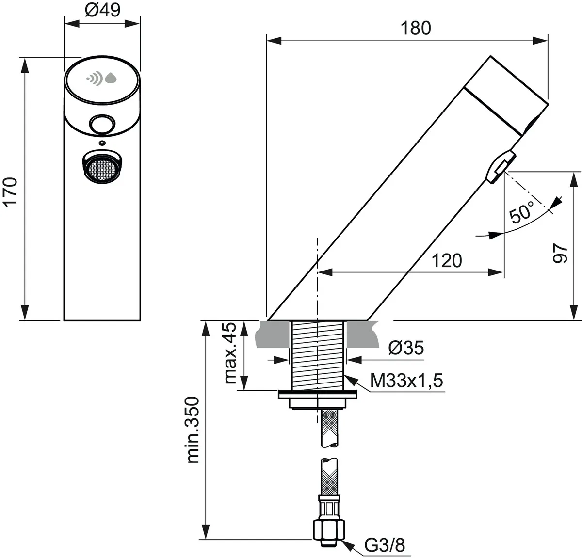 Sensor-Waschtischarmatur Sensorflow ohne Mischung Ausladung 120mm Batterie Chrom